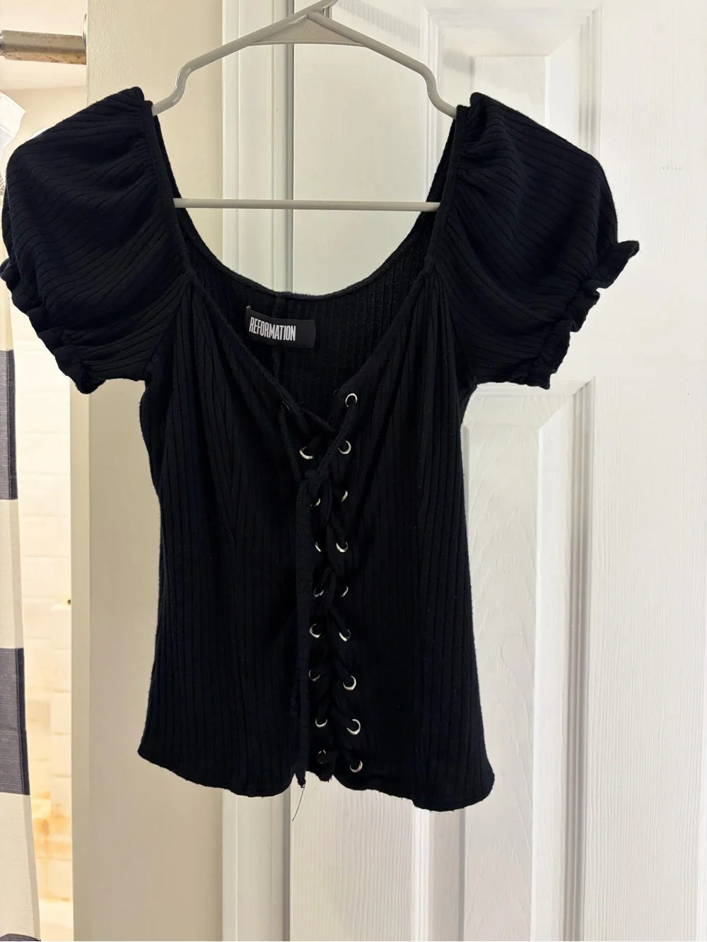 Reformation Sundance Black Ribbed Lace-Up Puff Sleeve Blouse Small